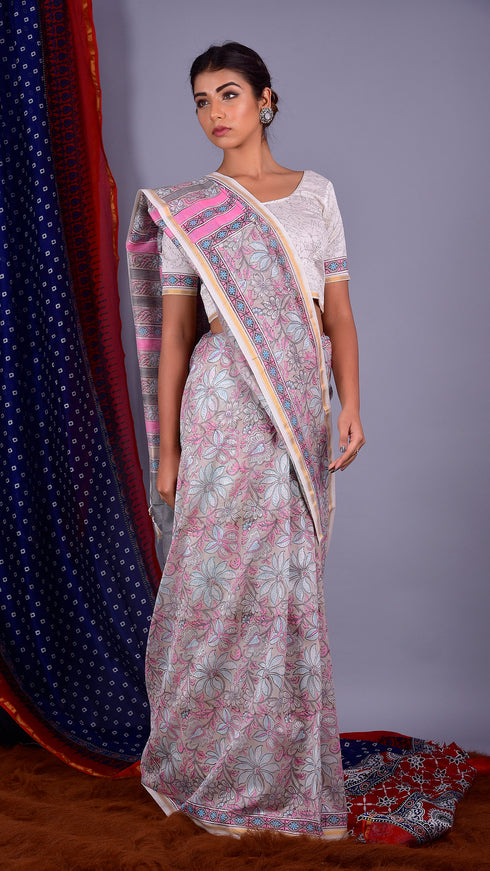 Floral Jaal Hand Block Print Chanderi Silk Saree (CHSAR02)